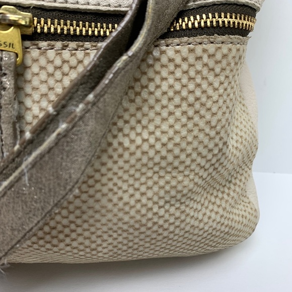 FOSSIL Ivory Cream Genuine Pebble Leather Crossbody Shoulder Bag Metallic Tote - Picture 4 of 16